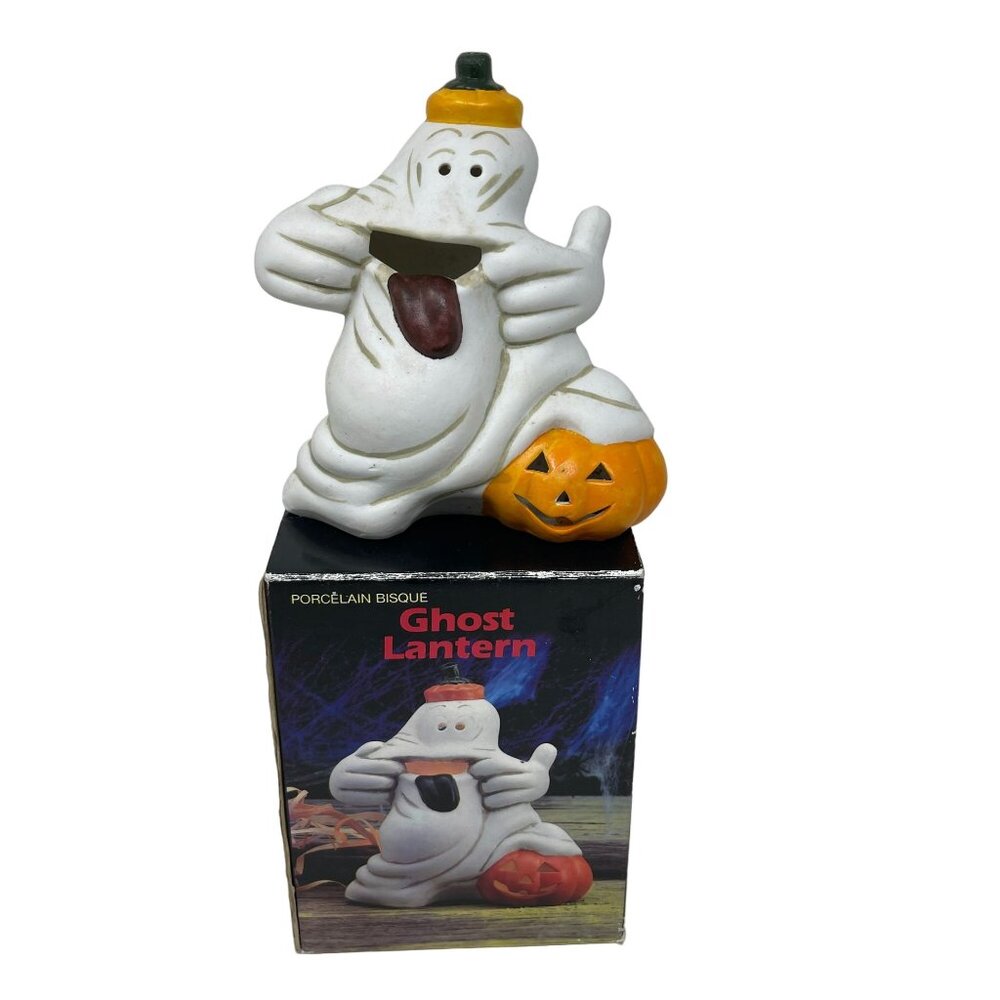 Vintage Ceramic Porcelain Bisque Halloween Ghost Lantern Tealight‎ Candle Holder